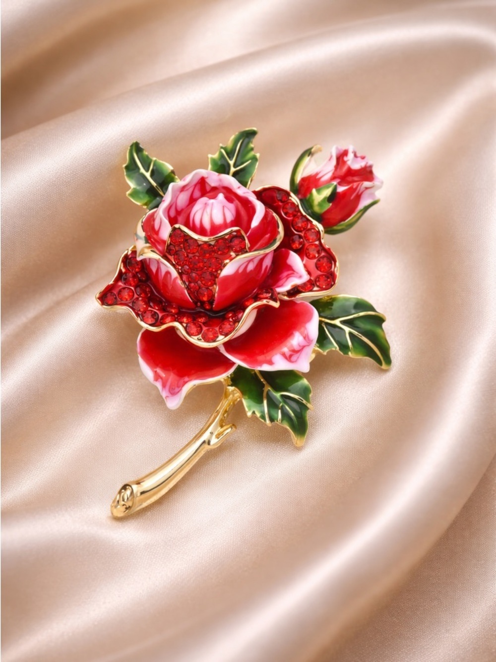 Red Rose Floral Gold Brooch